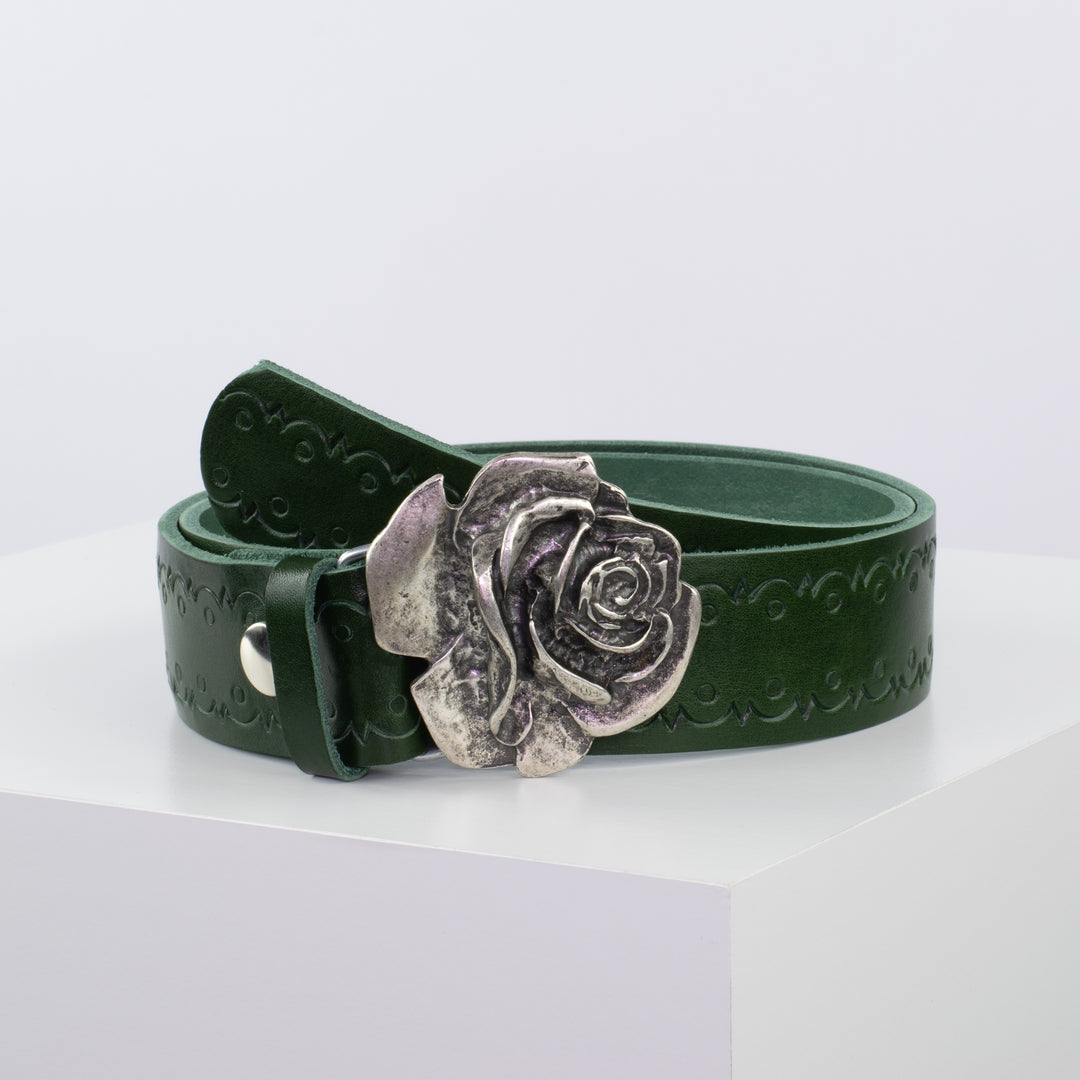 Ledergürtel 4cm mit Schnalle Rose grün Lochwelle