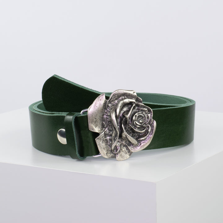 Ledergürtel 4cm mit Schnalle Rose grün ohne Muster