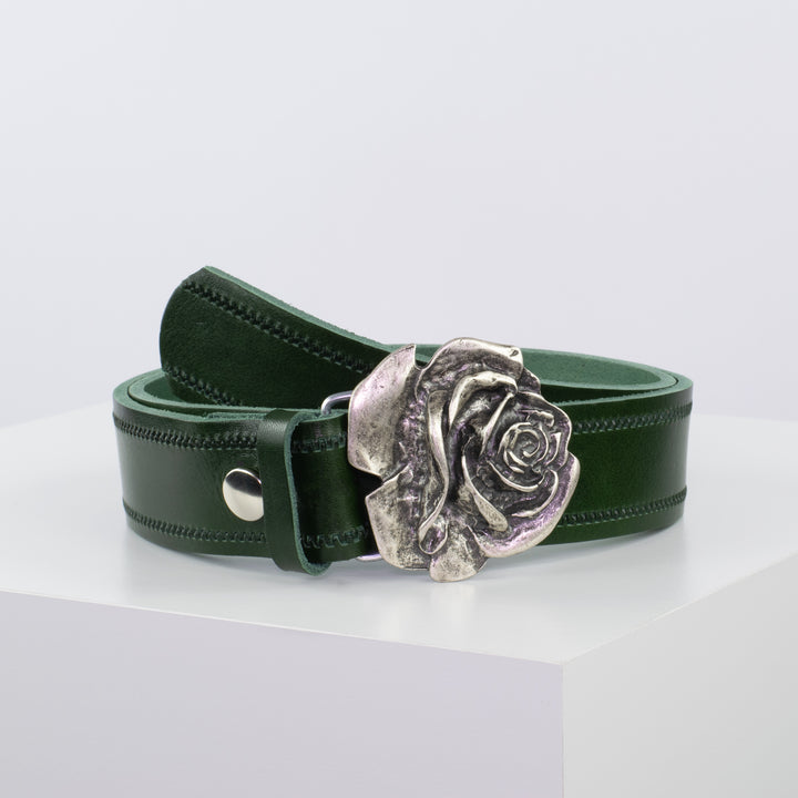 Ledergürtel 4cm mit Schnalle Rose grün Reißverschluss