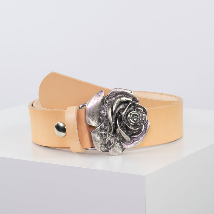 Ledergürtel 4cm mit Schnalle Rose natur ohne Muster