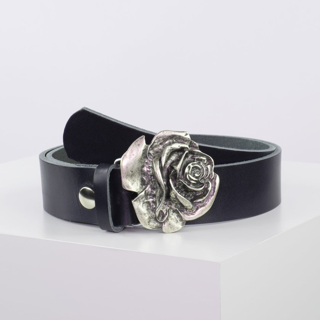 Ledergürtel 4cm mit Schnalle Rose navi ohne Muster
