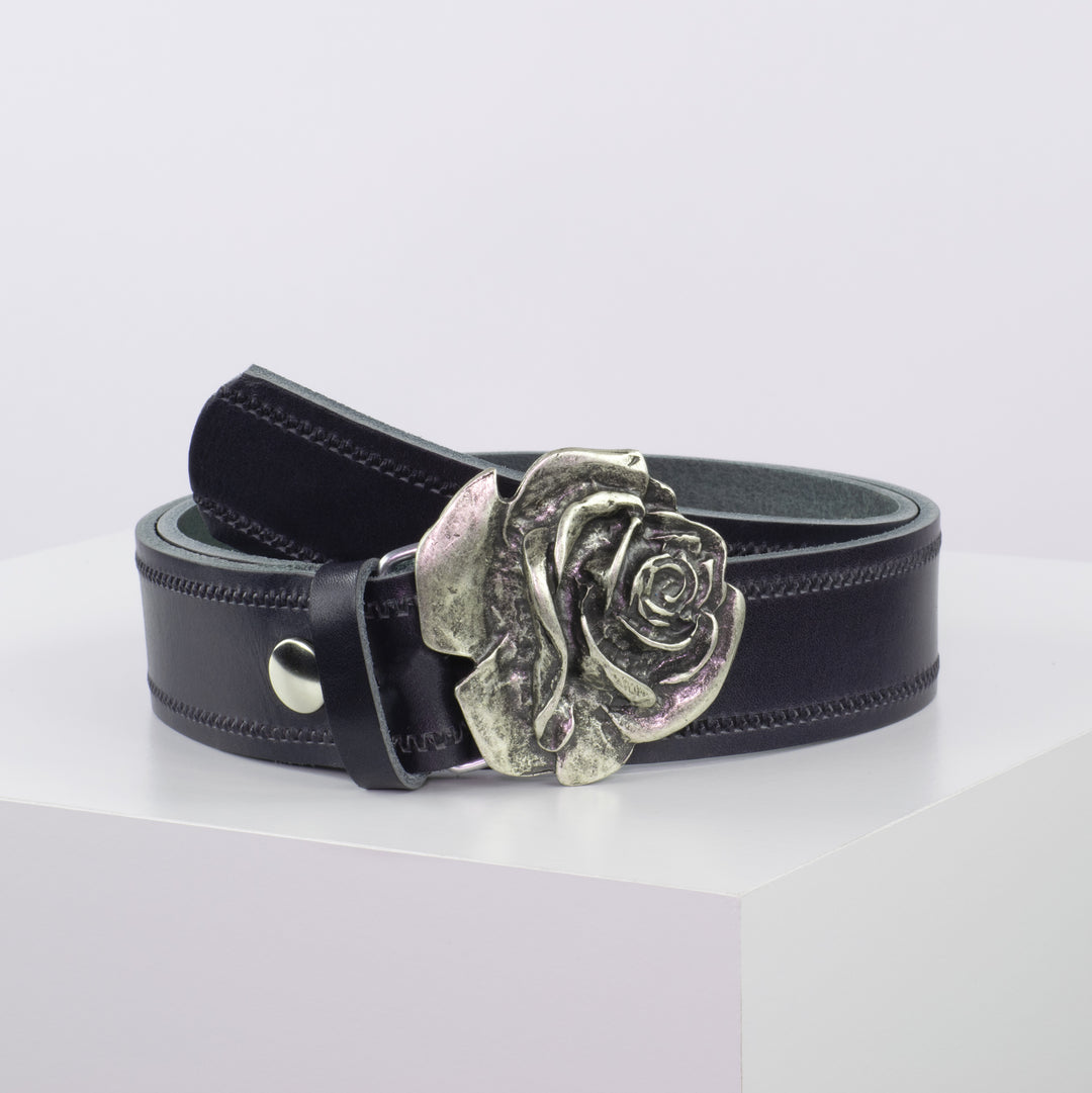Ledergürtel 4cm mit Schnalle Rose navi Reißverschluss