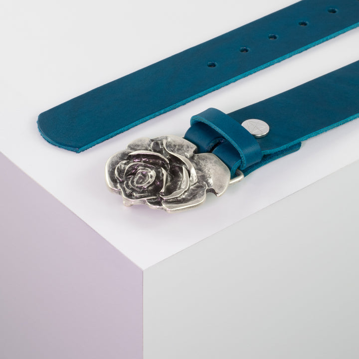 Ledergürtel 4cm mit Schnalle Rose petrol ohne Muster