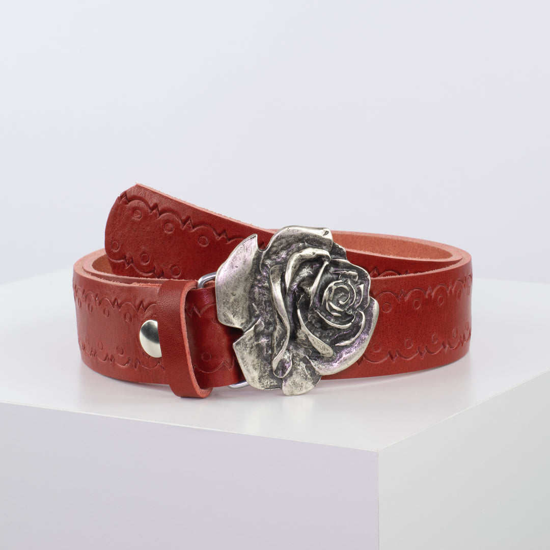 Ledergürtel 4cm mit Schnalle Rose rot Lochwelle