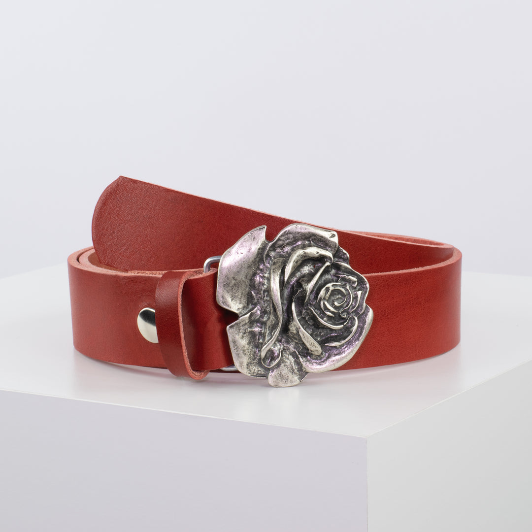 Ledergürtel 4cm mit Schnalle Rose rot ohne Muster