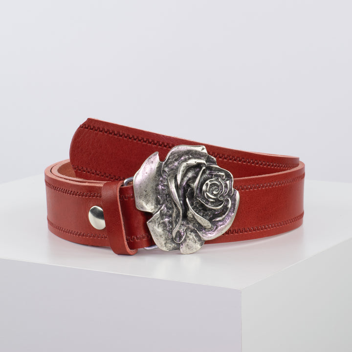 Ledergürtel 4cm mit Schnalle Rose rot Reißverschluss