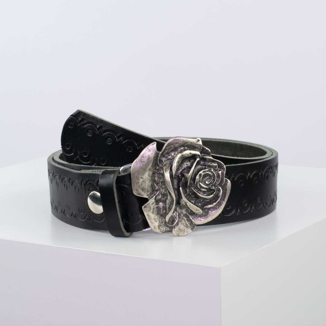 Ledergürtel 4cm mit Schnalle Rose schwarz Lochwelle