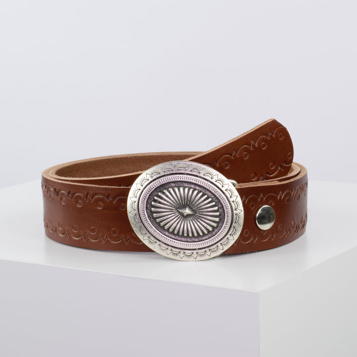 Ledergürtel 4cm mit Schnalle Floral silber cognac Lochwelle