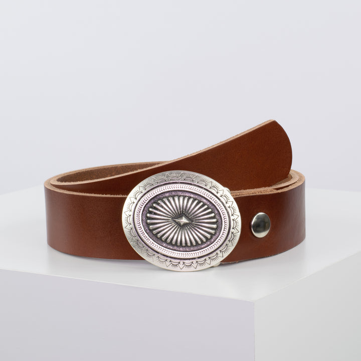 Ledergürtel 4cm mit Schnalle Floral silber cognac ohne Muster