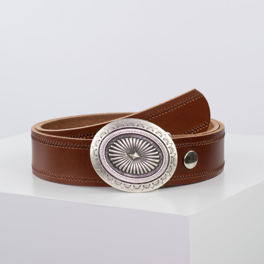Ledergürtel 4cm mit Schnalle Floral silber cognac Reißverschluss