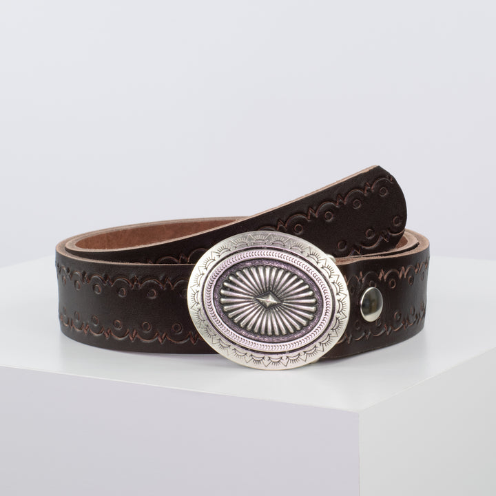 Ledergürtel 4cm mit Schnalle Floral silber dunkelbraun Lochwelle