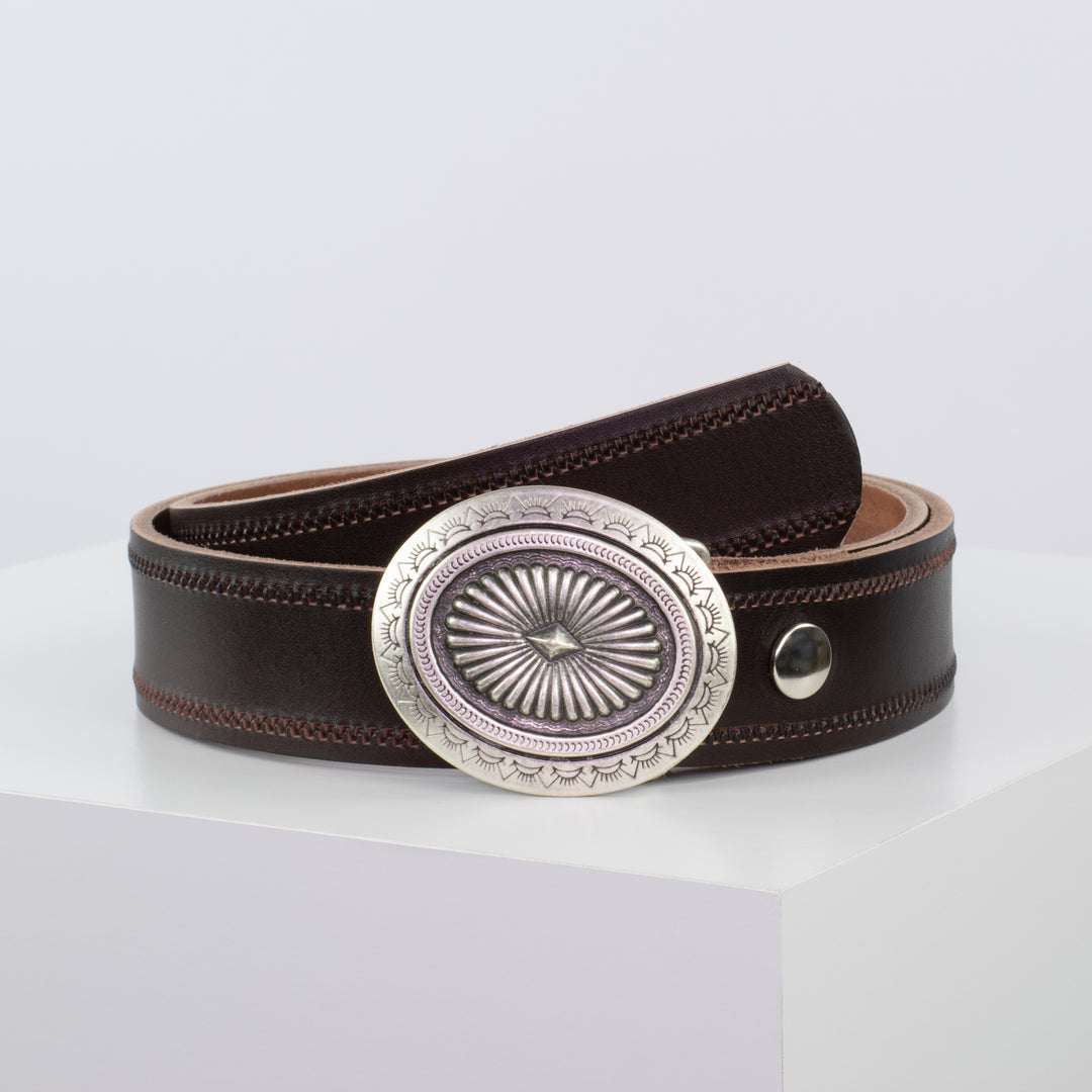 Ledergürtel 4cm mit Schnalle Floral silber dunkelbraun Reißverschluss