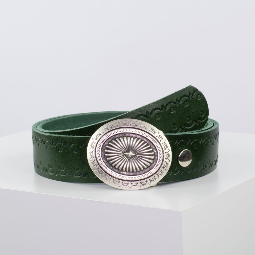 Ledergürtel 4cm mit Schnalle Floral silber grün Lochwelle