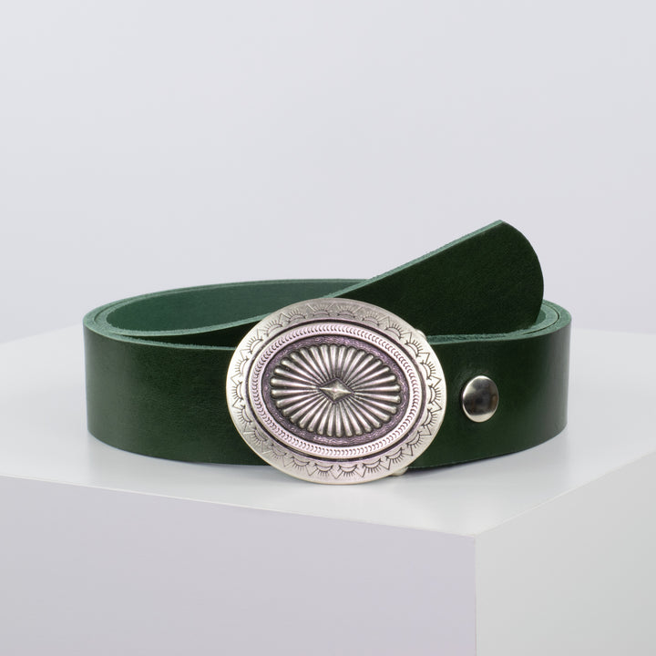 Ledergürtel 4cm mit Schnalle Floral silber grün ohne Muster