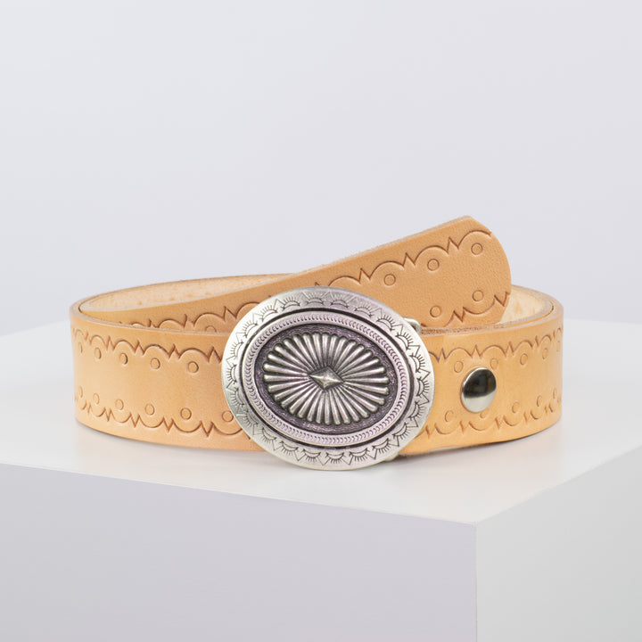 Ledergürtel 4cm mit Schnalle Floral silber natur Lochwelle