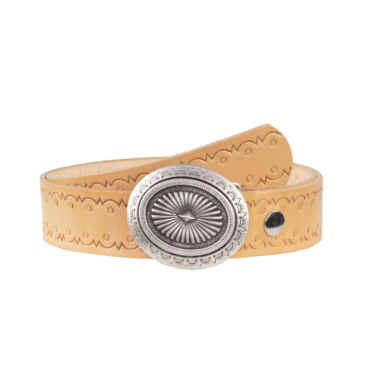 Ledergürtel 4cm mit Schnalle Floral silber natur Lochwelle