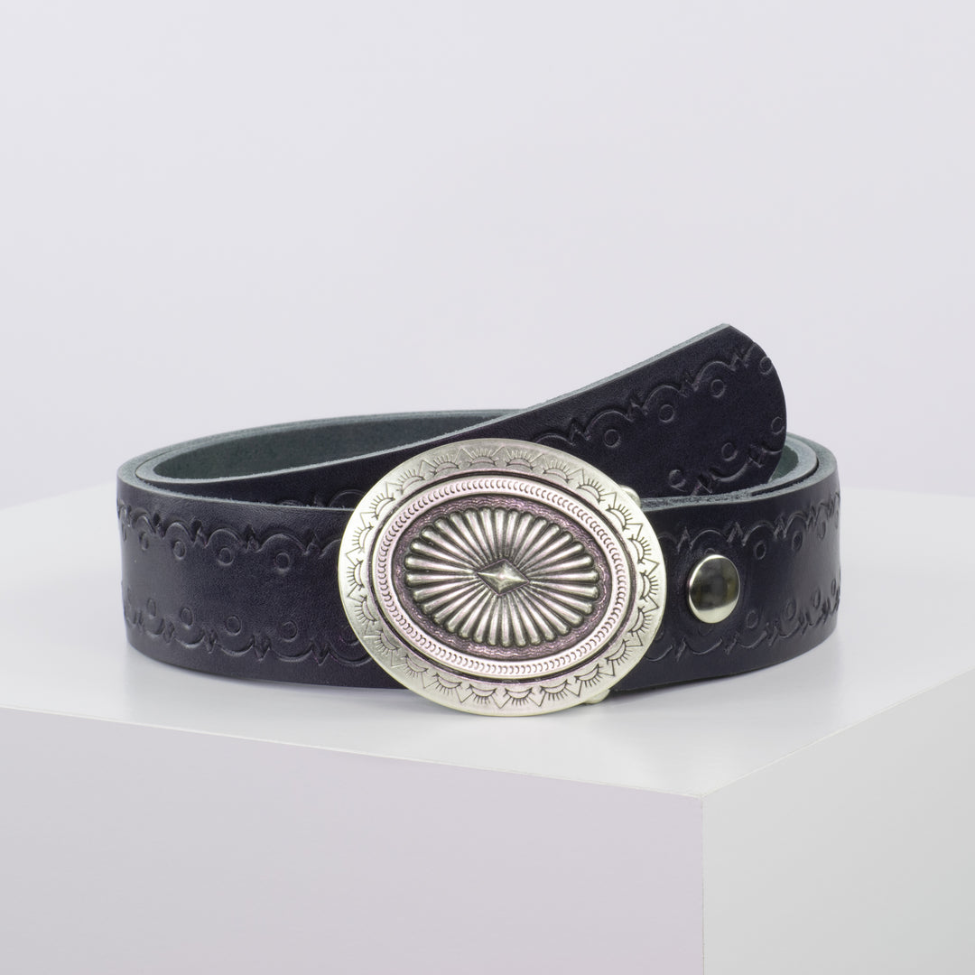 Ledergürtel 4cm mit Schnalle Floral silber navi Lochwelle