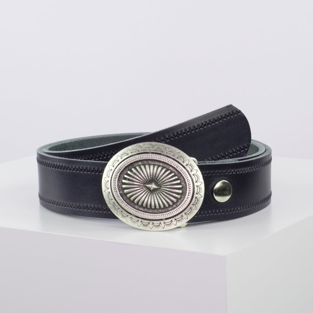 Ledergürtel 4cm mit Schnalle Floral silber navi Reißverschluss