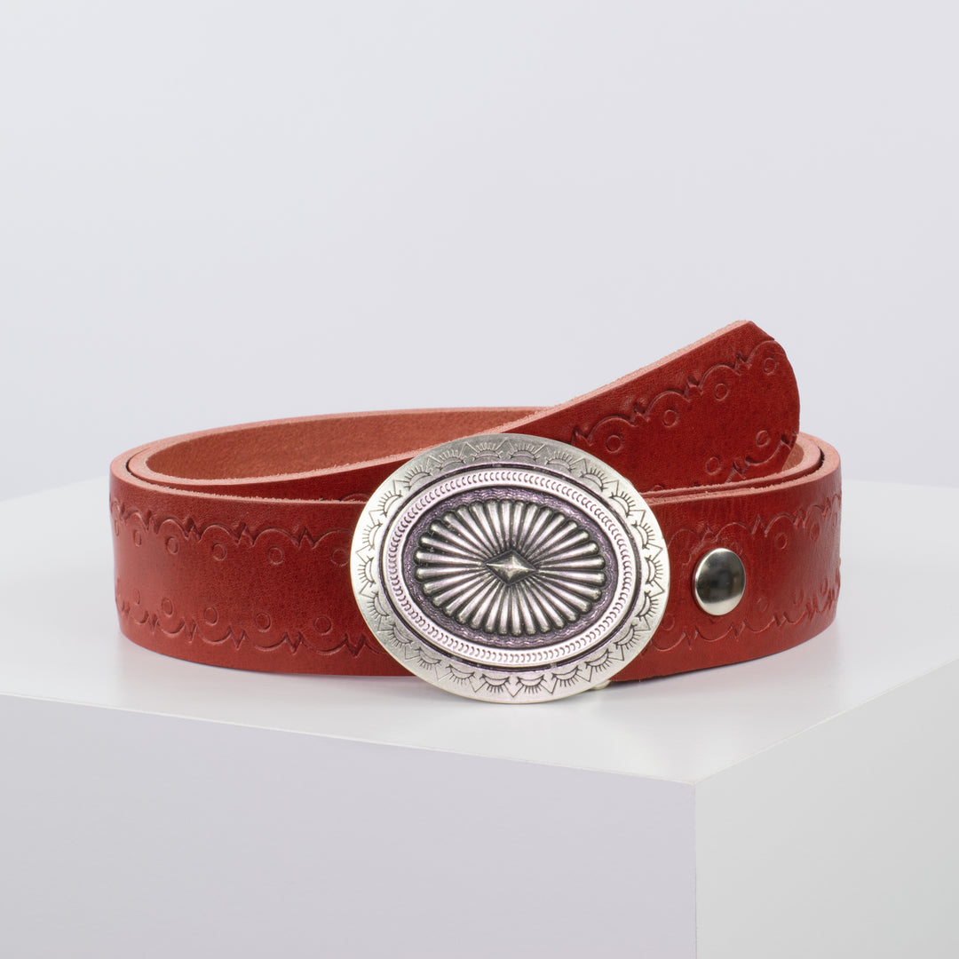 Ledergürtel 4cm mit Schnalle Floral silber rot Lochwelle