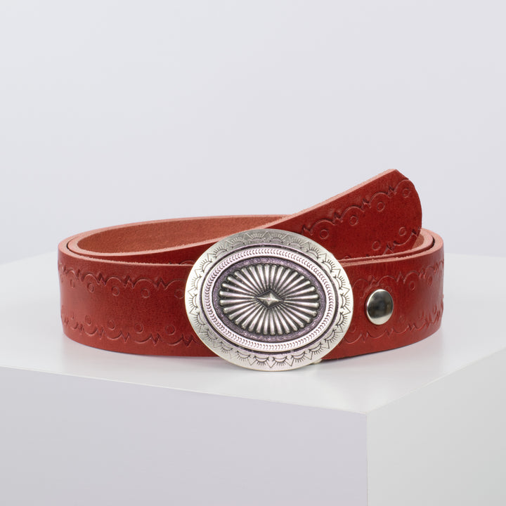 Ledergürtel 4cm mit Schnalle Floral silber rot Lochwelle