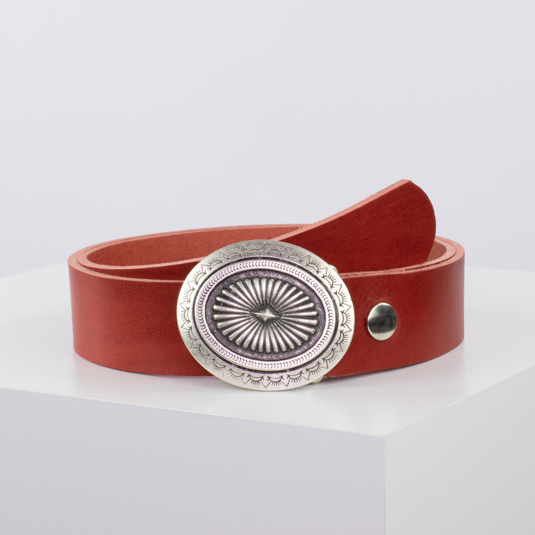 Ledergürtel 4cm mit Schnalle Floral silber rot ohne Muster