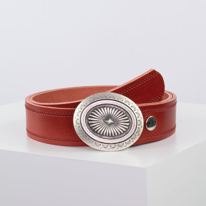 Ledergürtel 4cm mit Schnalle Floral silber rot Reißverschluss