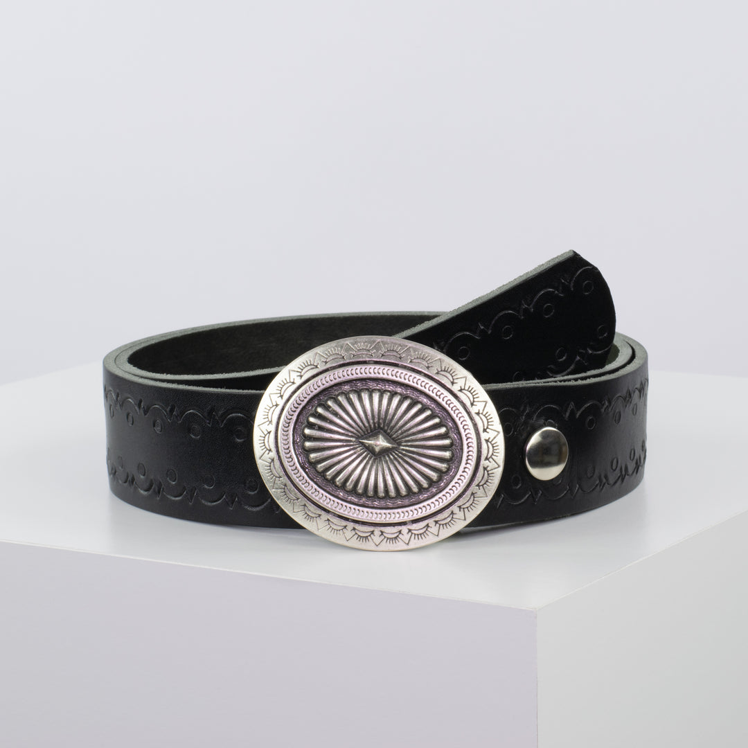 Ledergürtel 4cm mit Schnalle Floral silber schwarz Lochwelle