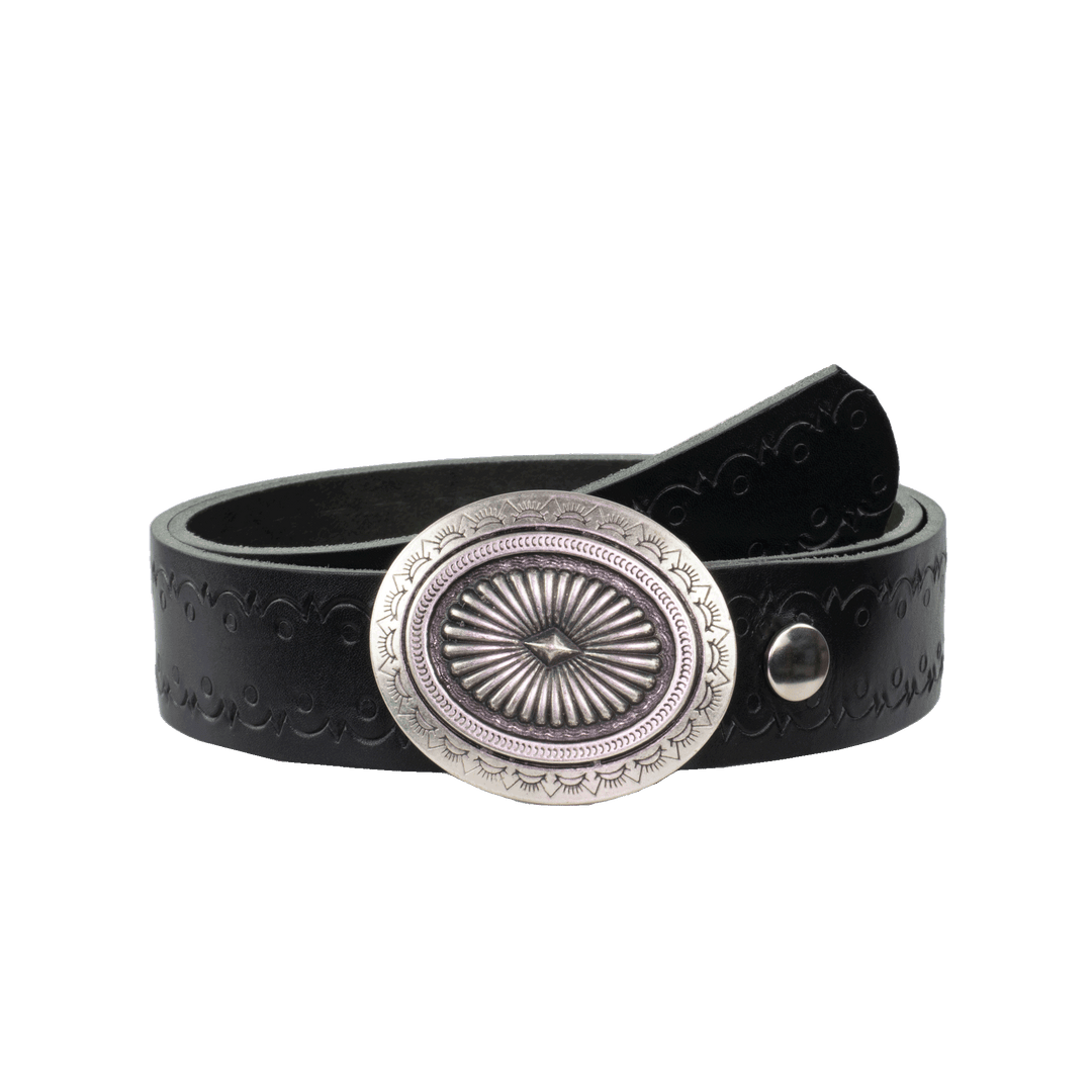 Ledergürtel 4cm mit Schnalle Floral silber schwarz Lochwelle