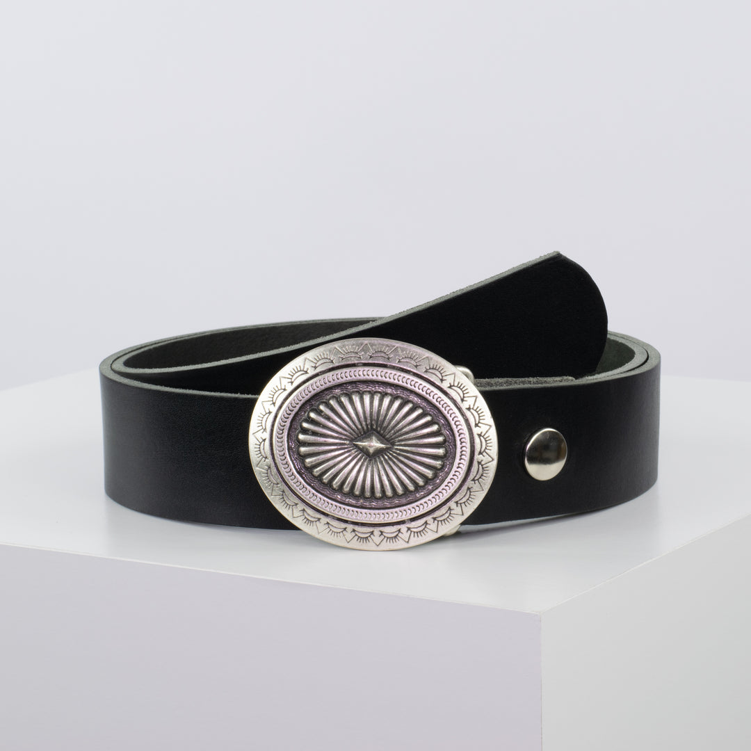 Ledergürtel 4cm mit Schnalle Floral silber schwarz ohne Muster