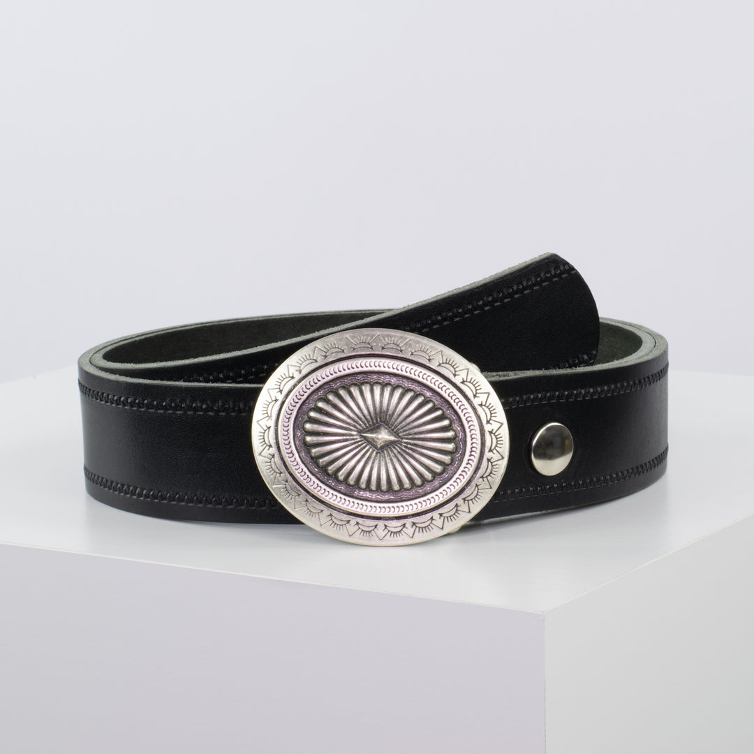 Ledergürtel 4cm mit Schnalle Floral silber schwarz Reißverschluss