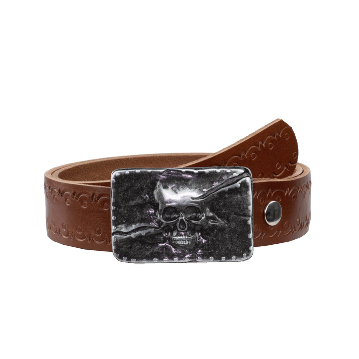 Ledergürtel 4cm mit Schnalle Totenkopf cognac Lochwelle