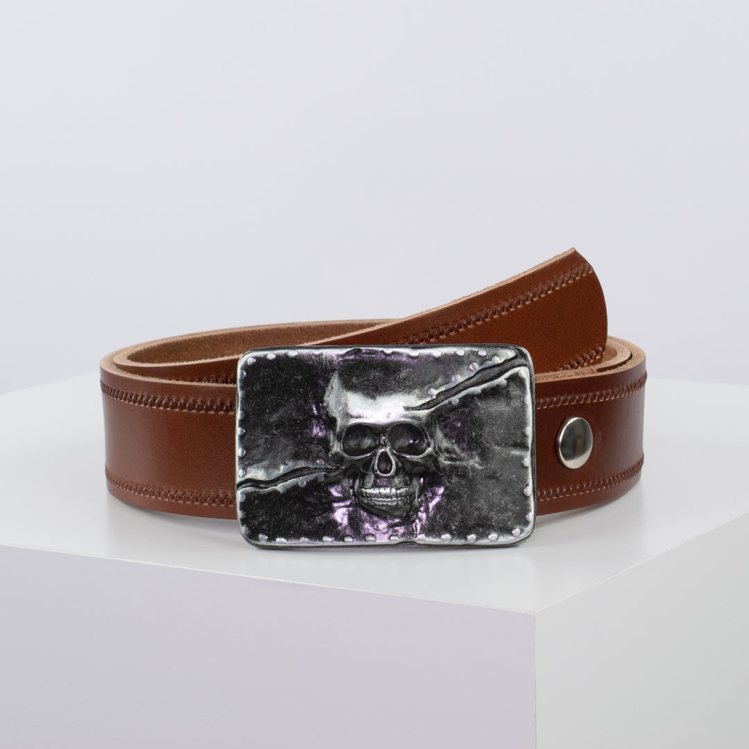Ledergürtel 4cm mit Schnalle Totenkopf cognac Reißverschluss
