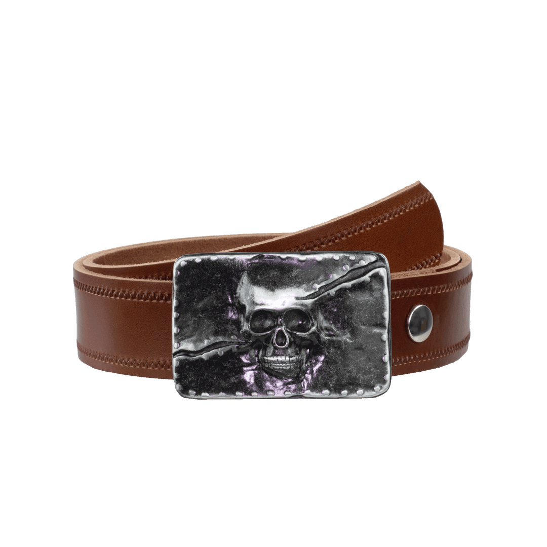 Ledergürtel 4cm mit Schnalle Totenkopf cognac Reißverschluss