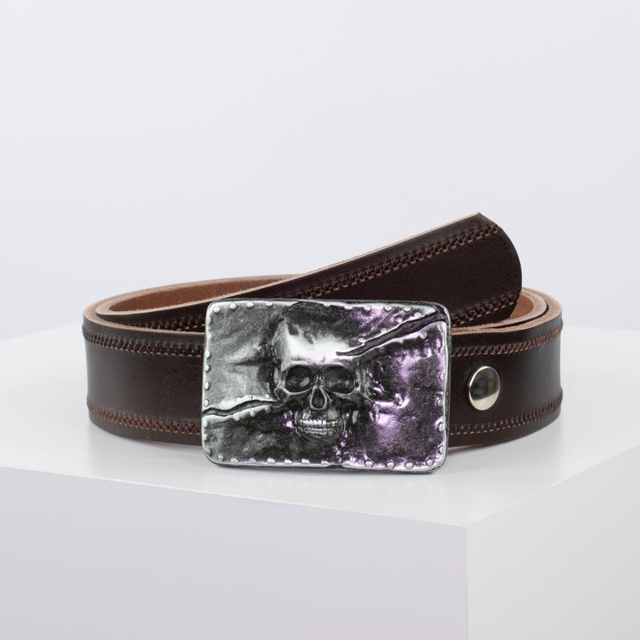 Ledergürtel 4cm mit Schnalle Totenkopf dunkelbraun Reißverschluss