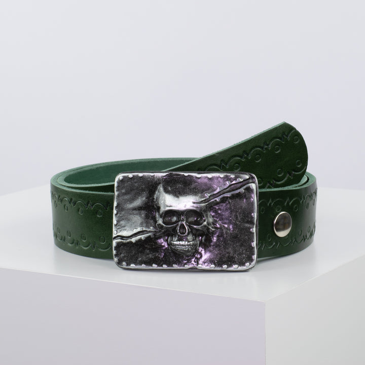 Ledergürtel 4cm mit Schnalle Totenkopf grün Lochwelle
