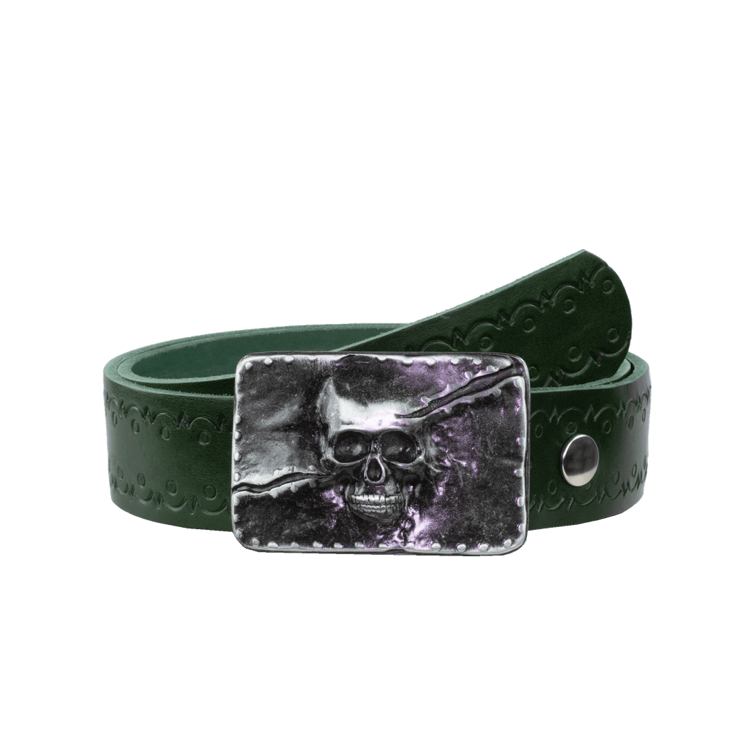 Ledergürtel 4cm mit Schnalle Totenkopf grün Lochwelle