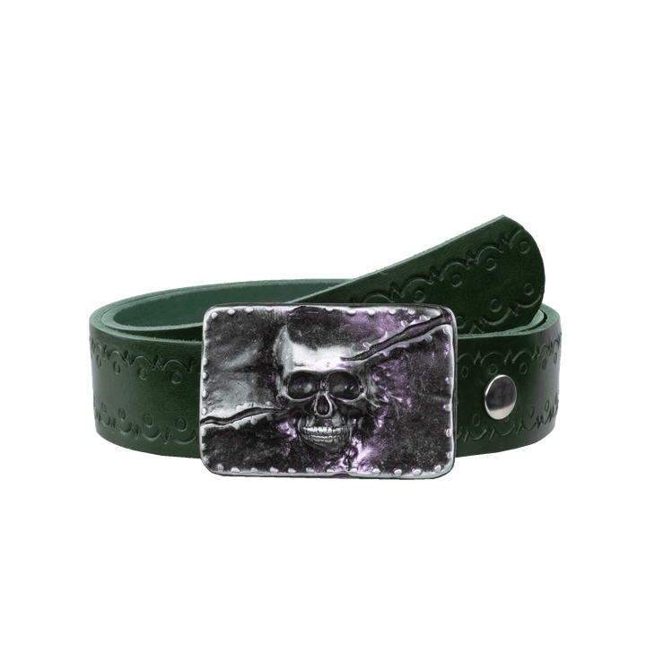 Ledergürtel 4cm mit Schnalle Totenkopf grün Lochwelle