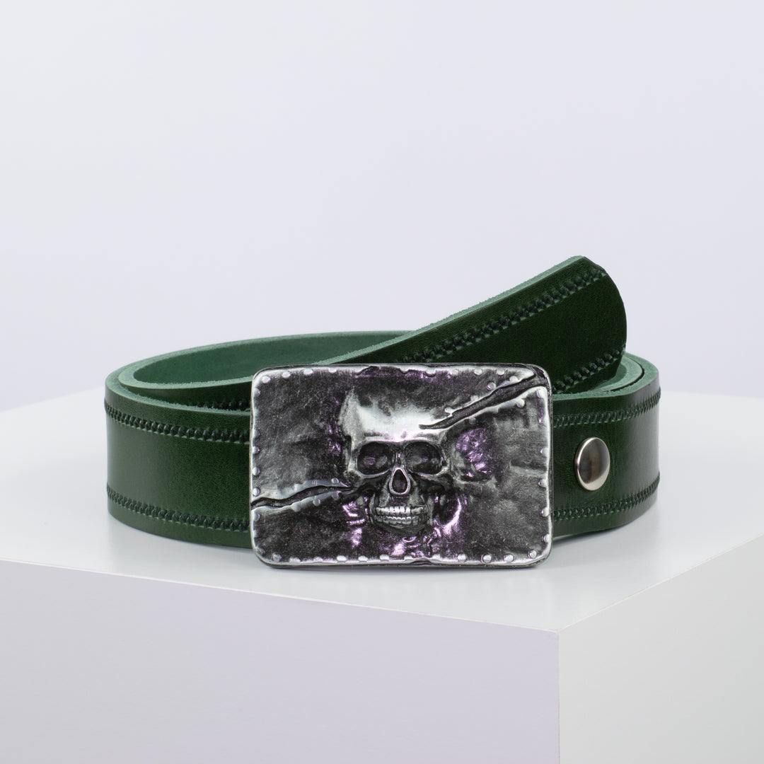 Ledergürtel 4cm mit Schnalle Totenkopf grün Reißverschluss