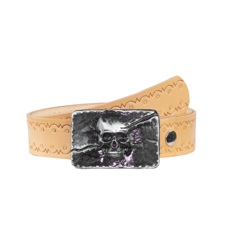 Ledergürtel 4cm mit Schnalle Totenkopf natur Lochwelle