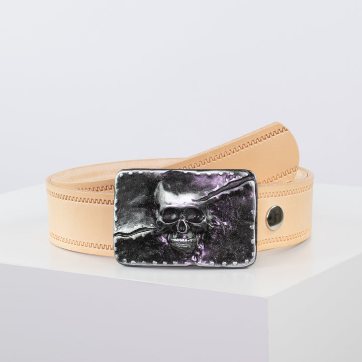 Ledergürtel 4cm mit Schnalle Totenkopf natur Reißverschluss