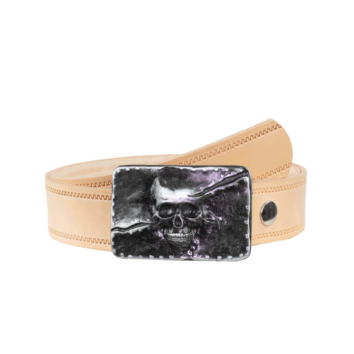 Ledergürtel 4cm mit Schnalle Totenkopf natur Reißverschluss