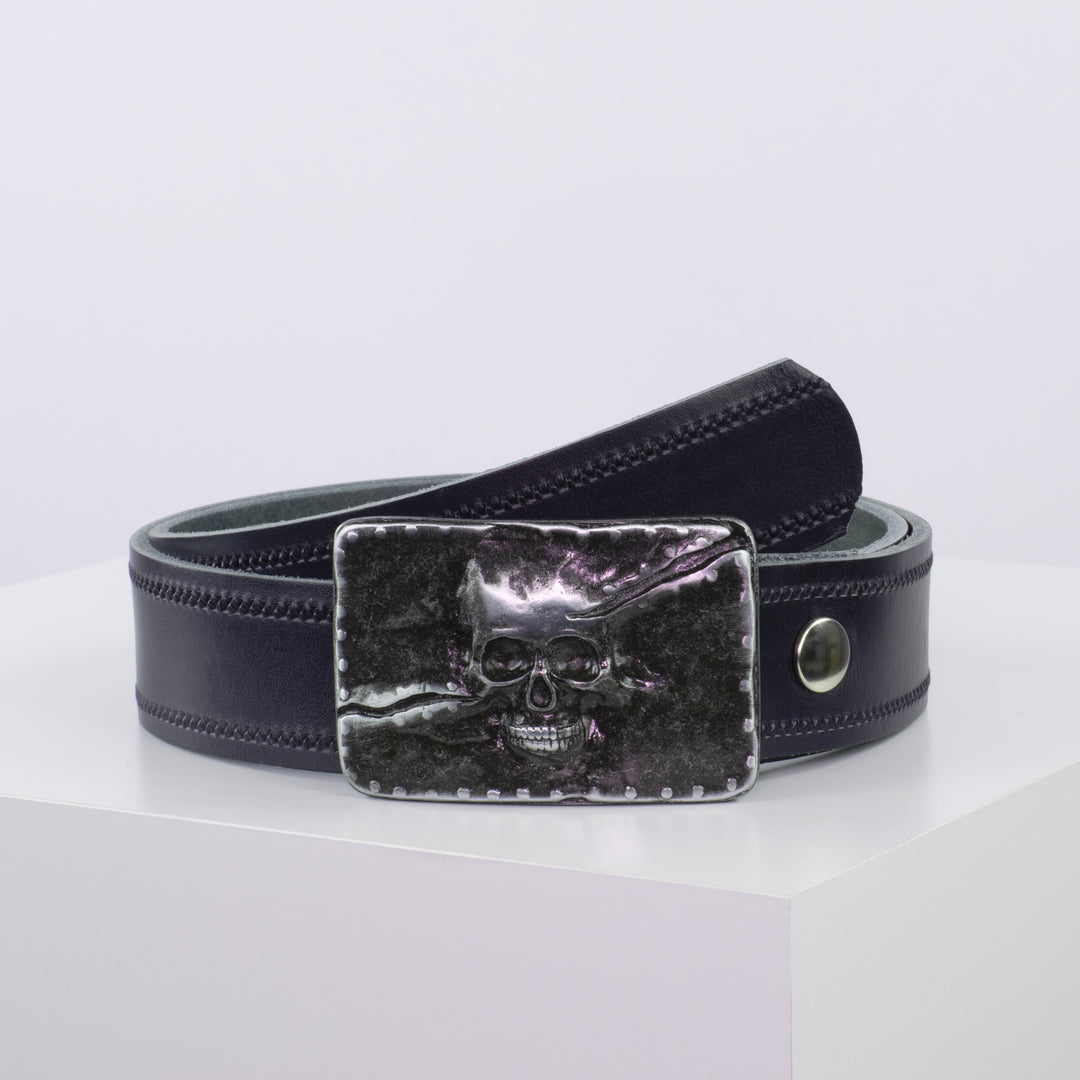 Ledergürtel 4cm mit Schnalle Totenkopf navi Reißverschluss