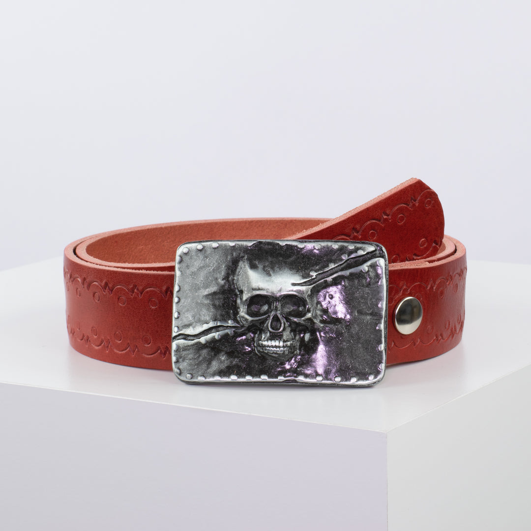 Ledergürtel 4cm mit Schnalle Totenkopf rot Lochwelle