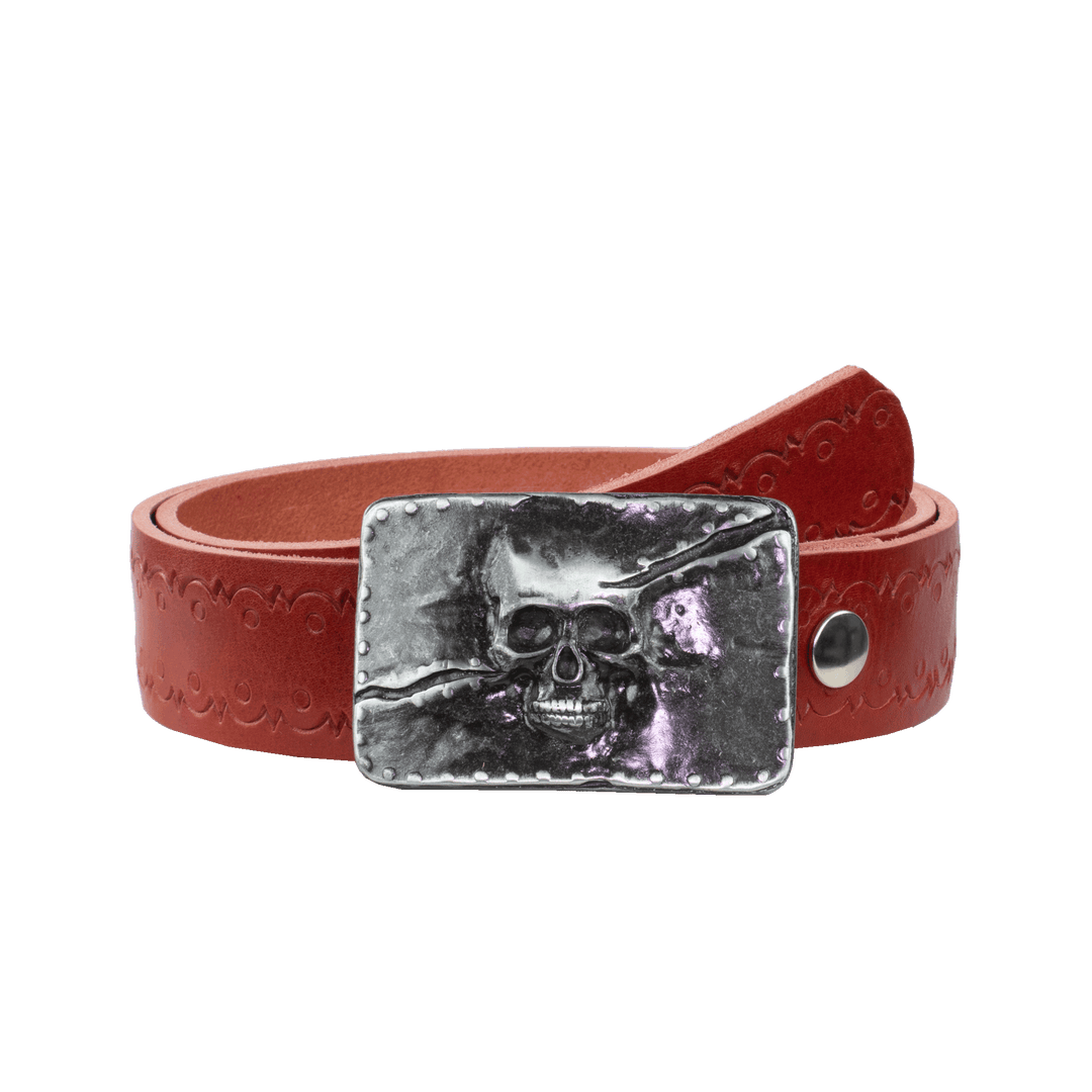 Ledergürtel 4cm mit Schnalle Totenkopf rot Lochwelle