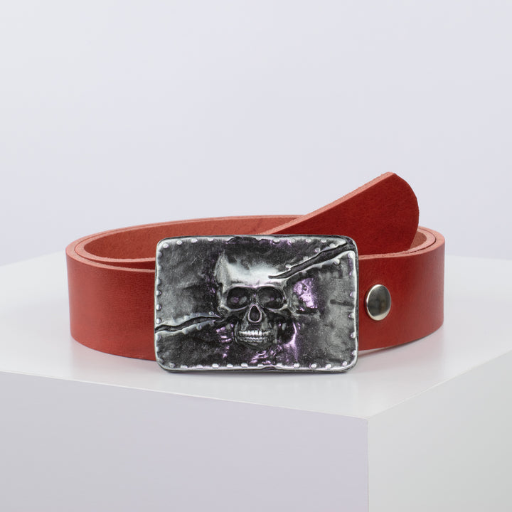 Ledergürtel 4cm mit Schnalle Totenkopf rot ohne Muster