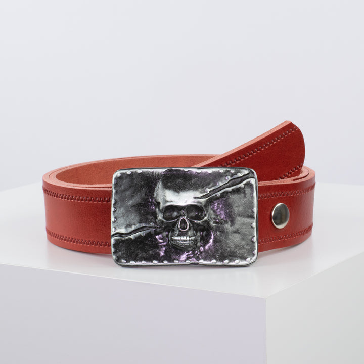 Ledergürtel 4cm mit Schnalle Totenkopf rot Reißverschluss