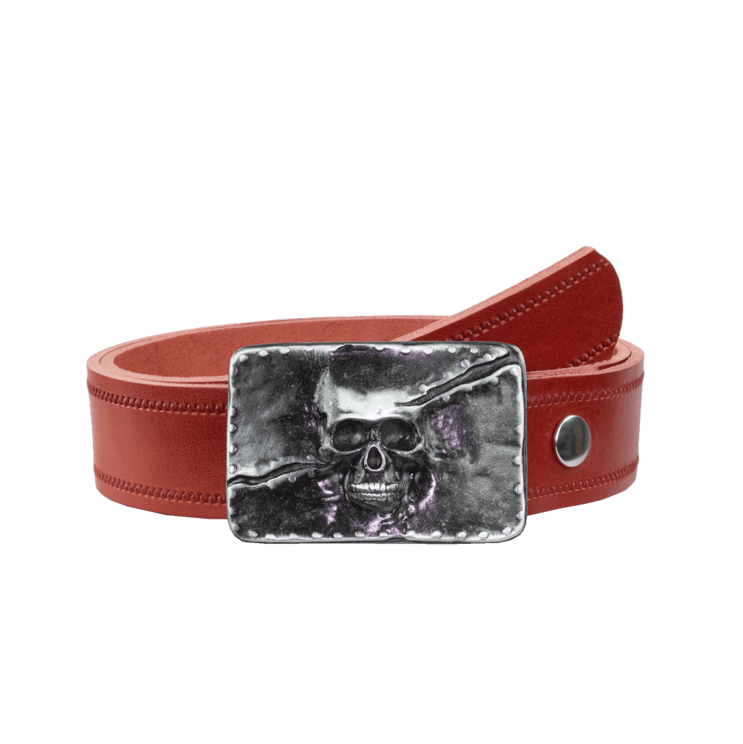 Ledergürtel 4cm mit Schnalle Totenkopf rot Reißverschluss