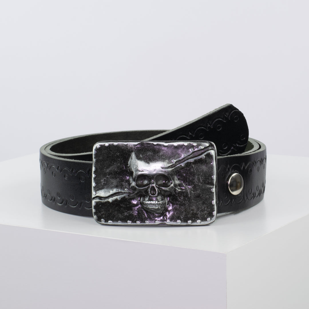 Ledergürtel 4cm mit Schnalle Totenkopf schwarz Lochwelle