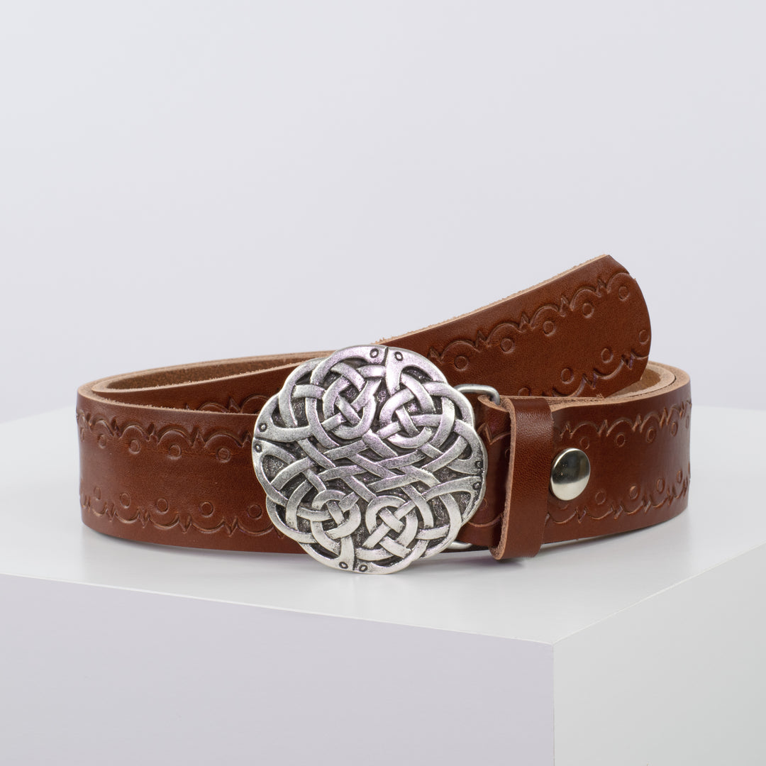 Ledergürtel 4cm mit Schnalle Gordischer Knoten cognac Lochwelle