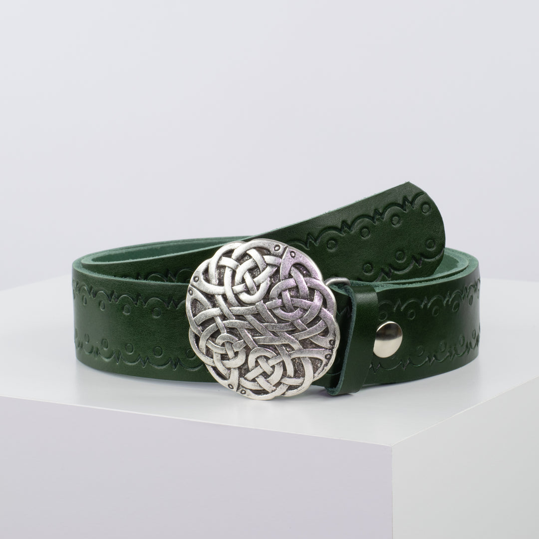 Ledergürtel 4cm mit Schnalle Gordischer Knoten grün Lochwelle